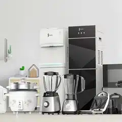 A counter of small kitchen appliances: water dispenser, blender, kettle