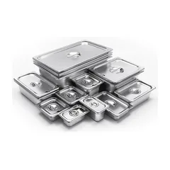 Stacked stainless steel chafing pans with lids
