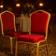 Two red and gold banquet chairs in a ballroom