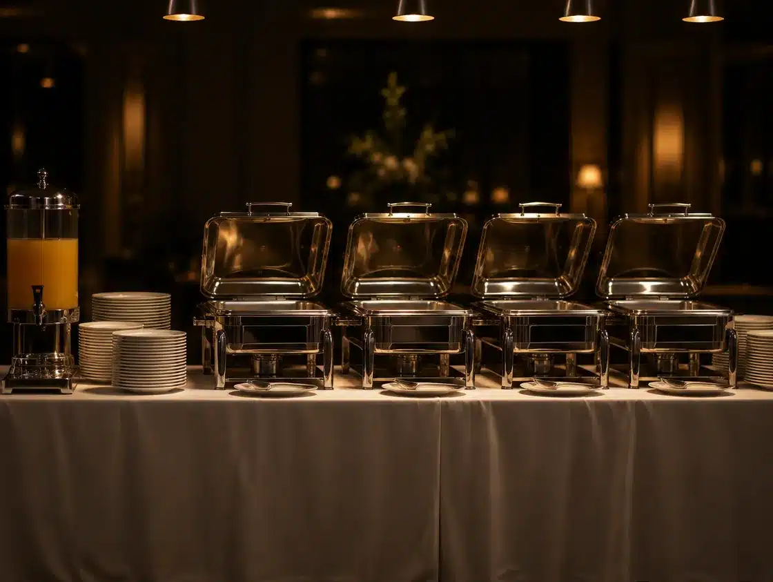 A banquet buffet line with polished chafing dishes, a juice dispenser and stacked porcelain plates.