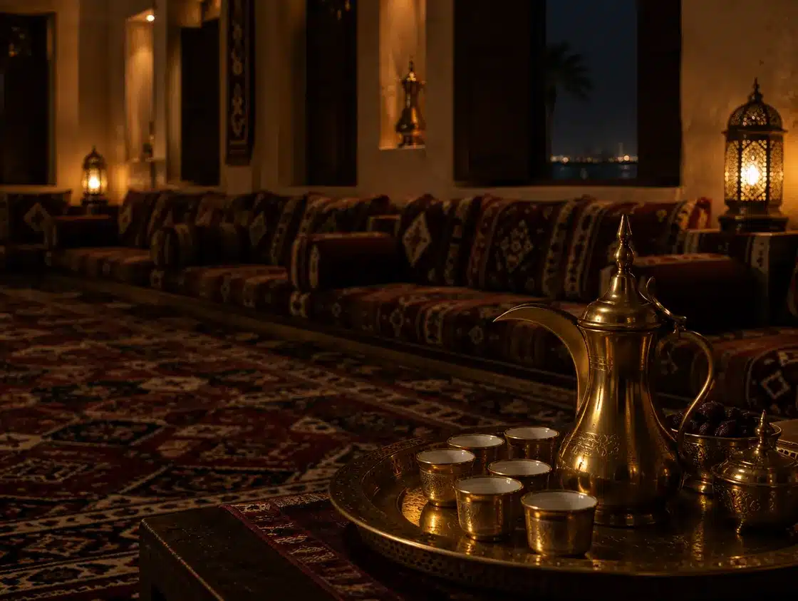 A majlis at night with cushioned seating, a patterned carpet, and a brass dallah with gawa cups on a tray.