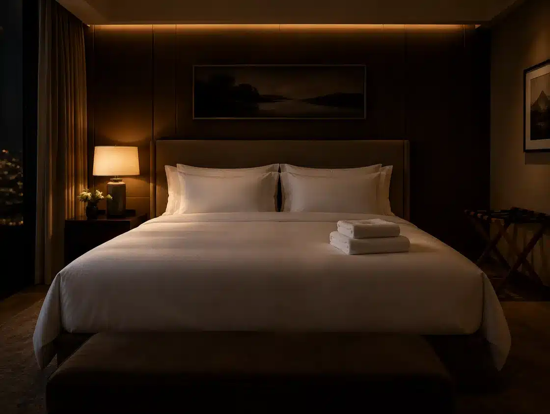 A hotel guest room at night, the bed made with white linen and folded towels at its foot.
