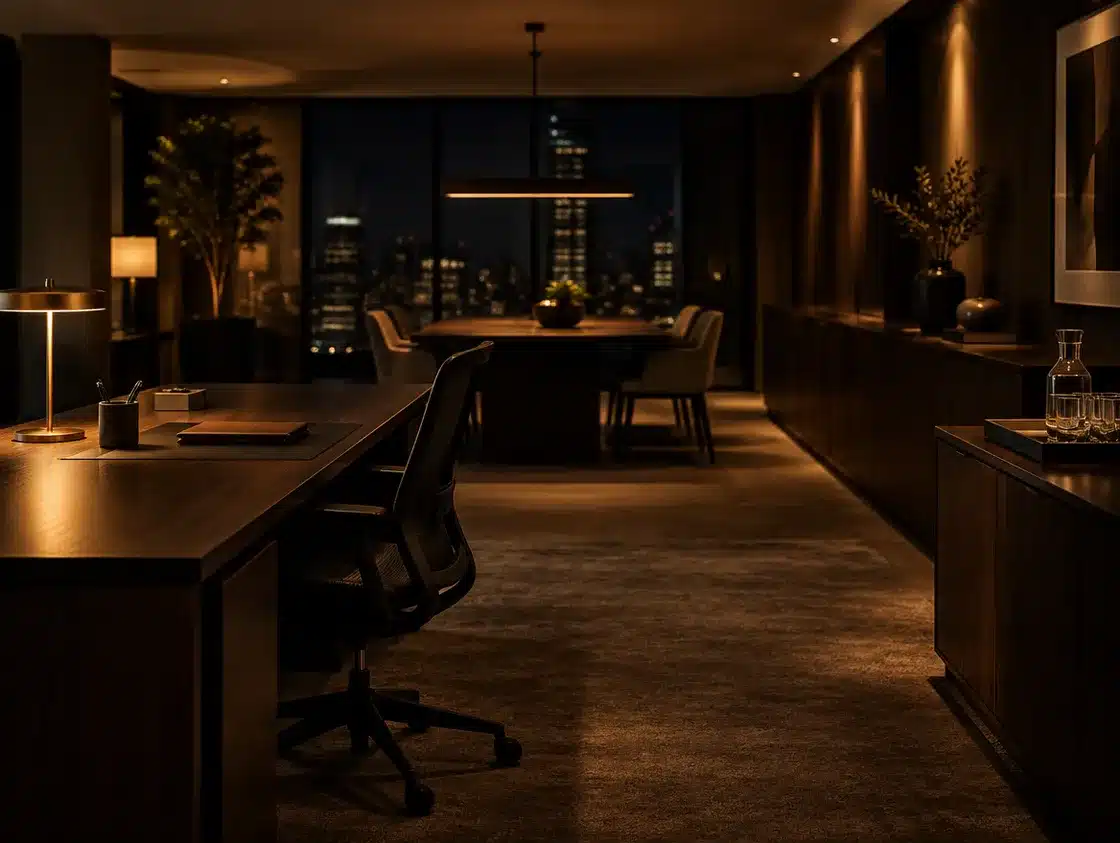A modern office at night with timber desks, ergonomic chairs and a meeting table.