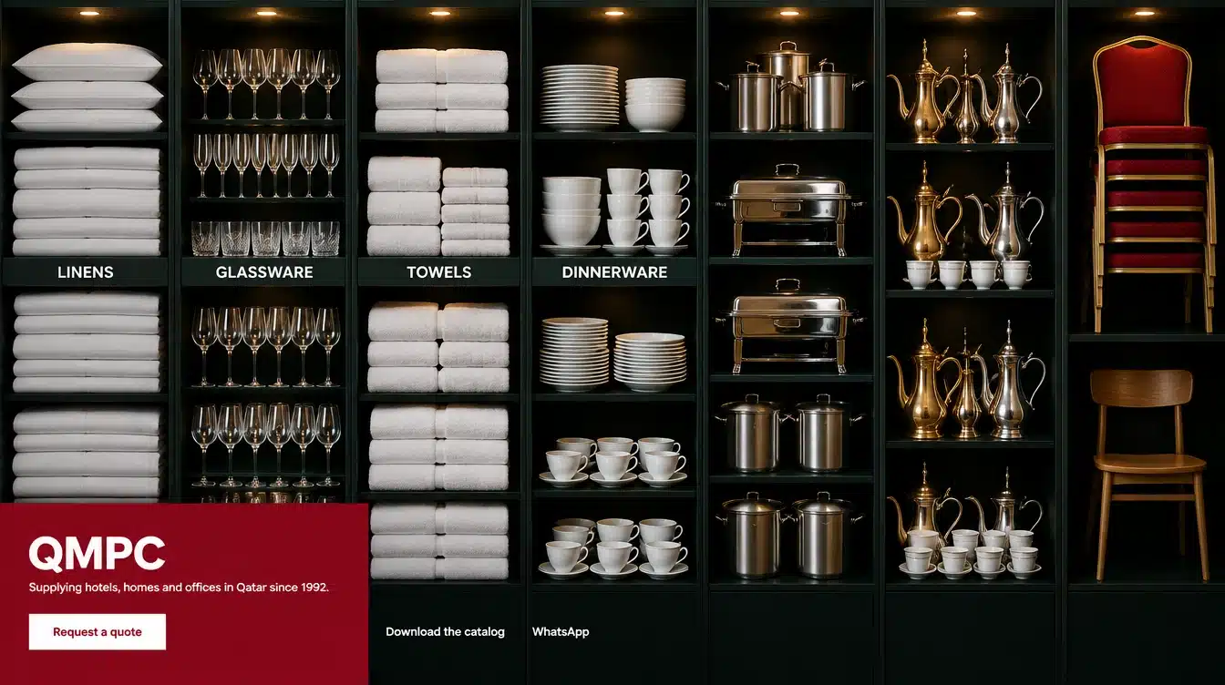 QMPC's stock wall: bays of hotel bed linen, glassware, folded towels, porcelain dinnerware, stainless steel pots and chafing dishes, brass Arabic coffee dallah pots with gawa cups, and stacked banquet chairs.