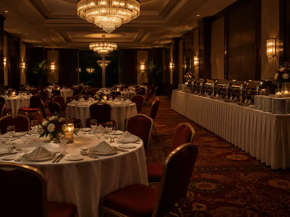 A hotel banquet hall after dark under chandelier light, round tables dressed in white linen and a buffet line of chafing dishes.