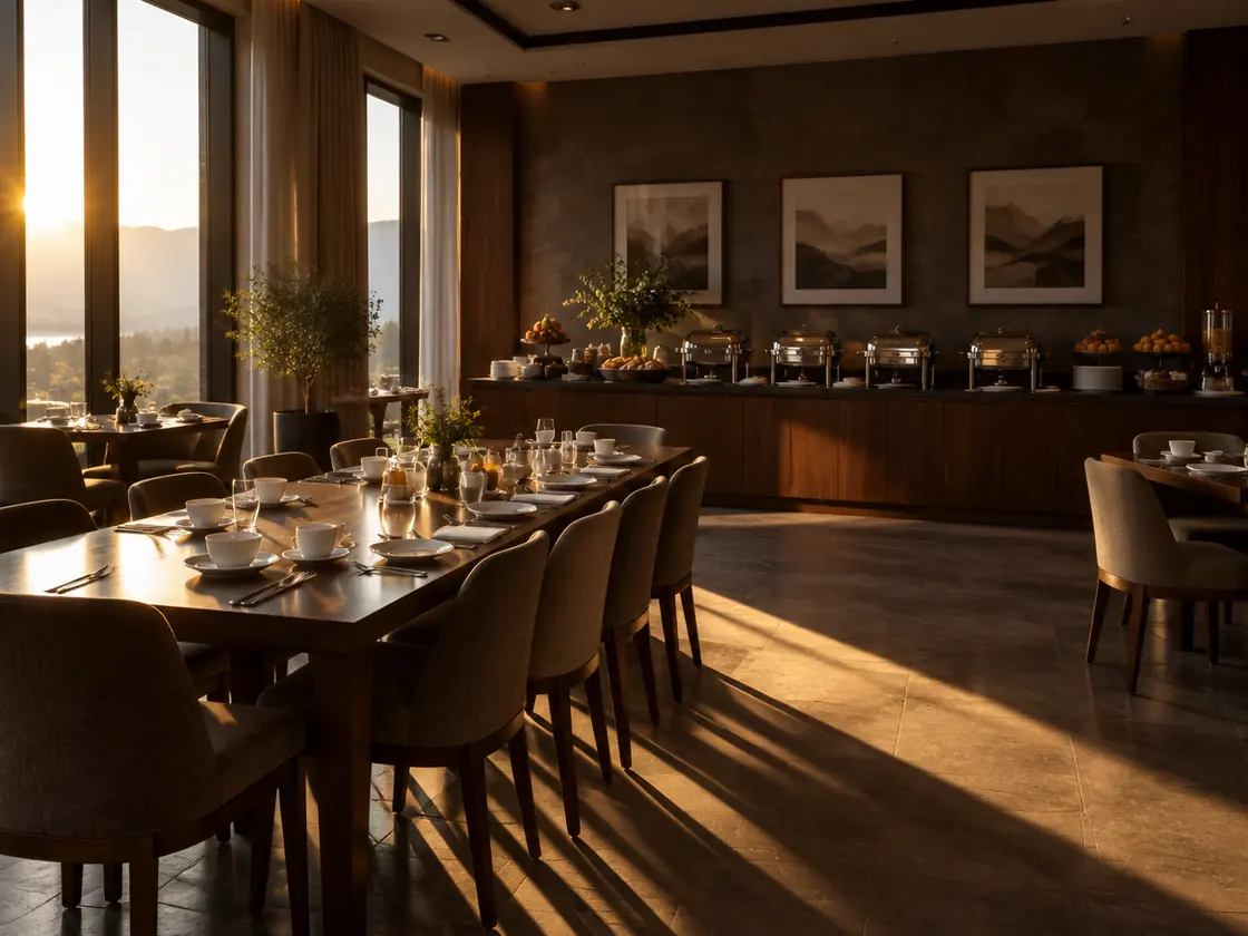 A hotel breakfast dining room with low morning sun falling across a long table set with white crockery and a chafing dish buffet.