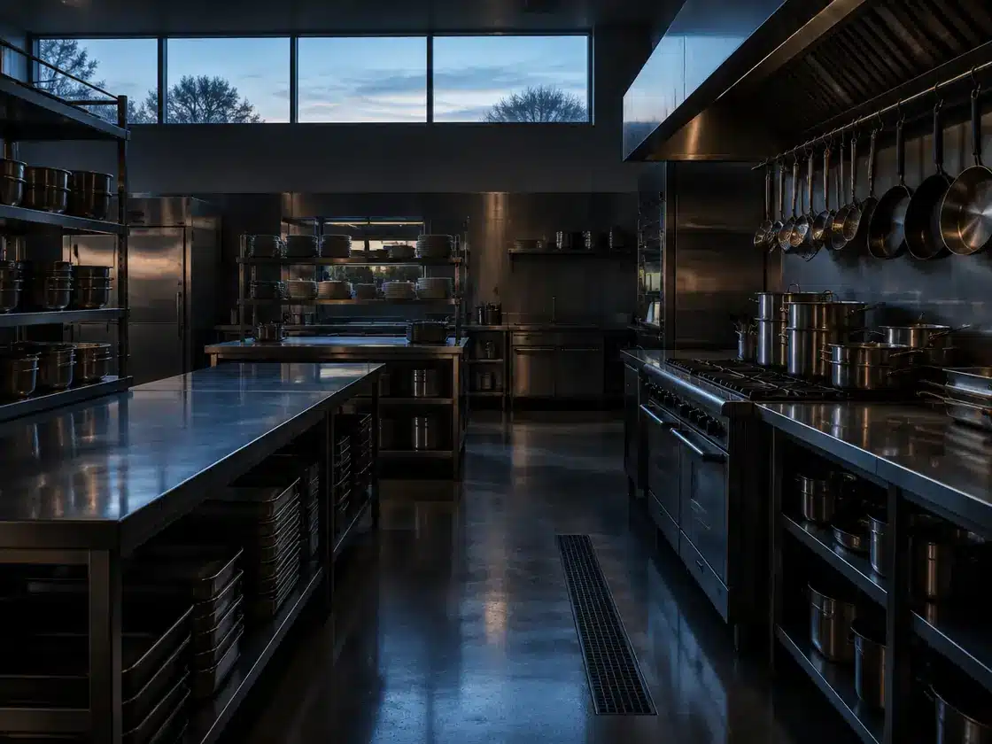 An empty commercial hotel kitchen before service, cold dawn light through a high window, stainless counters and stacked pots.