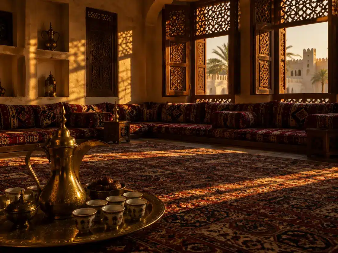 A Qatari majlis in deep golden late-afternoon light, patterned carpet, low floor cushions and a brass dallah with gawa cups on a tray.