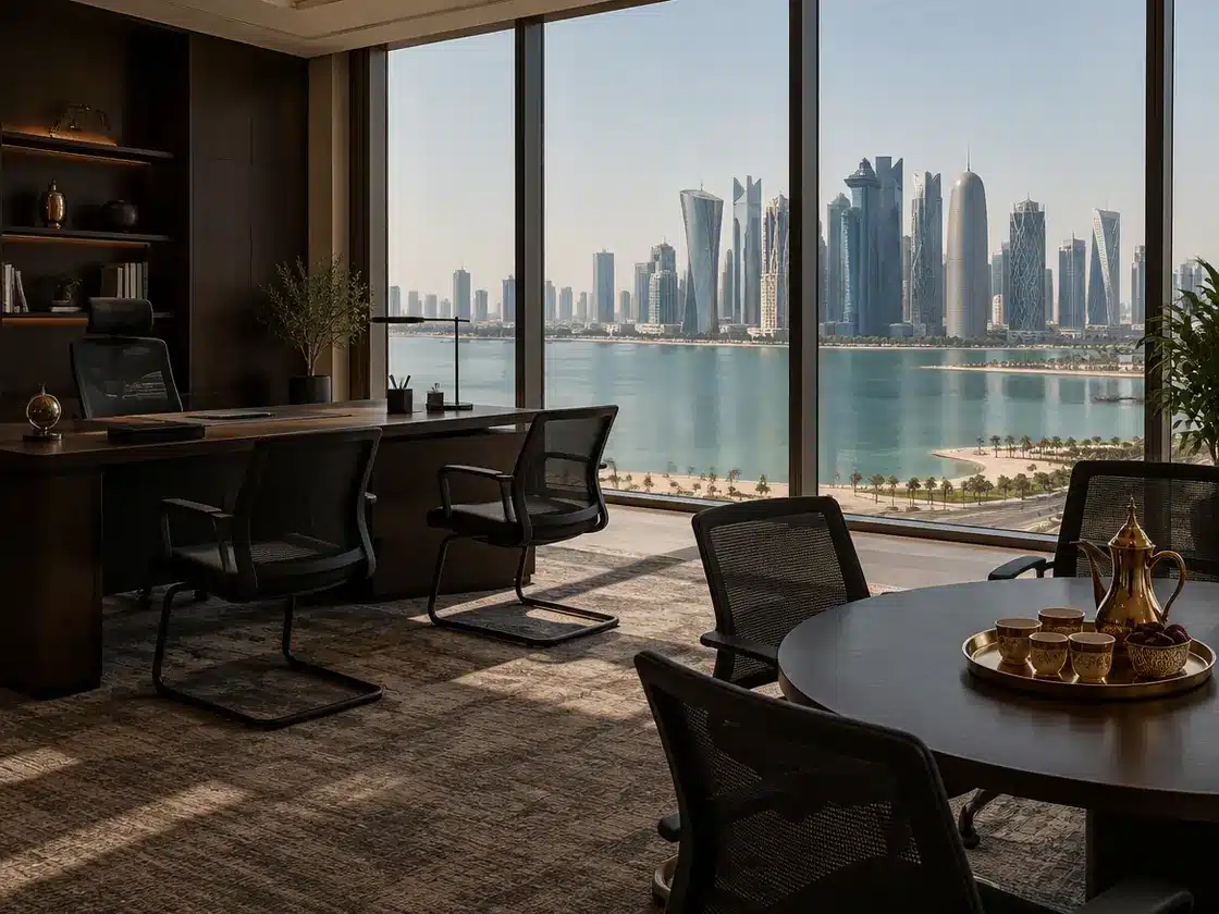 A Doha executive office in bright mid-morning daylight with a desk, mesh chairs and a meeting table by floor-to-ceiling glass.