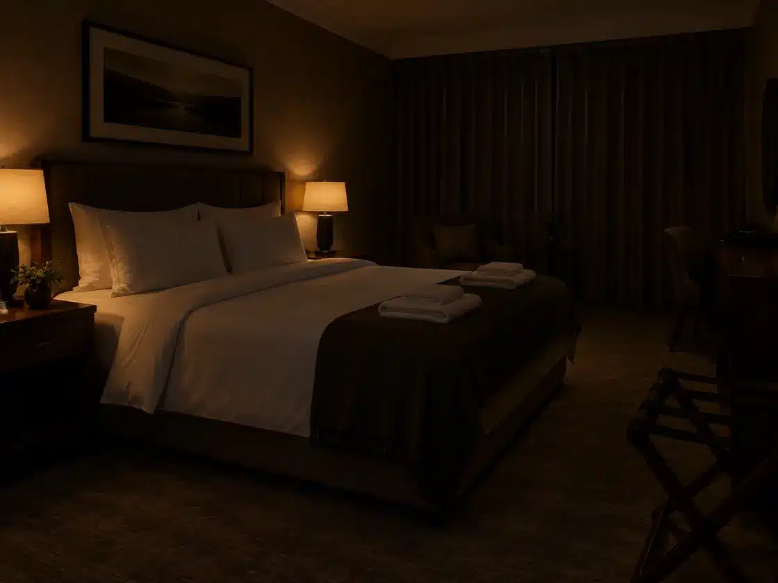 A hotel bedroom at night lit only by two bedside lamps, white linen turned down and folded towels at the foot of the bed.