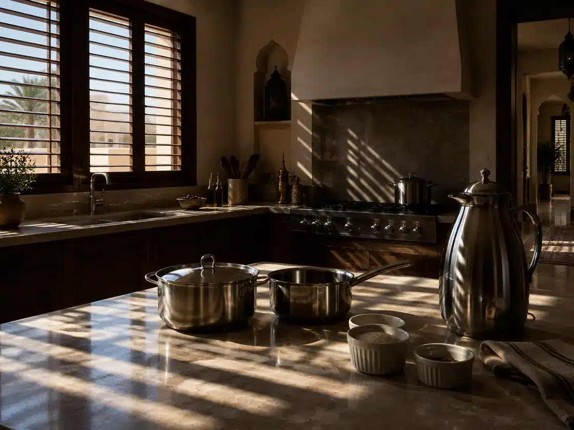 A villa kitchen at midday with hard slatted shadows across a stone counter, stainless cookware and a water jug.